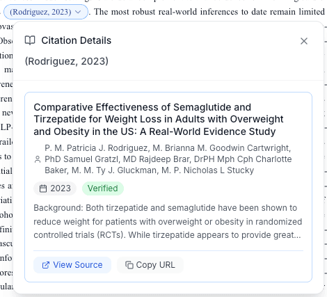 An inline citation opened to a citation-details panel showing the source paper's title, authors, year, verified badge, and abstract, with a link to the original