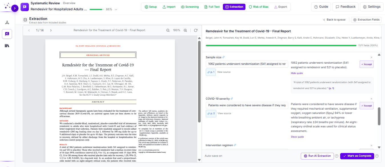 INRA SLR Copilot extraction workspace with PDF and structured extraction fields