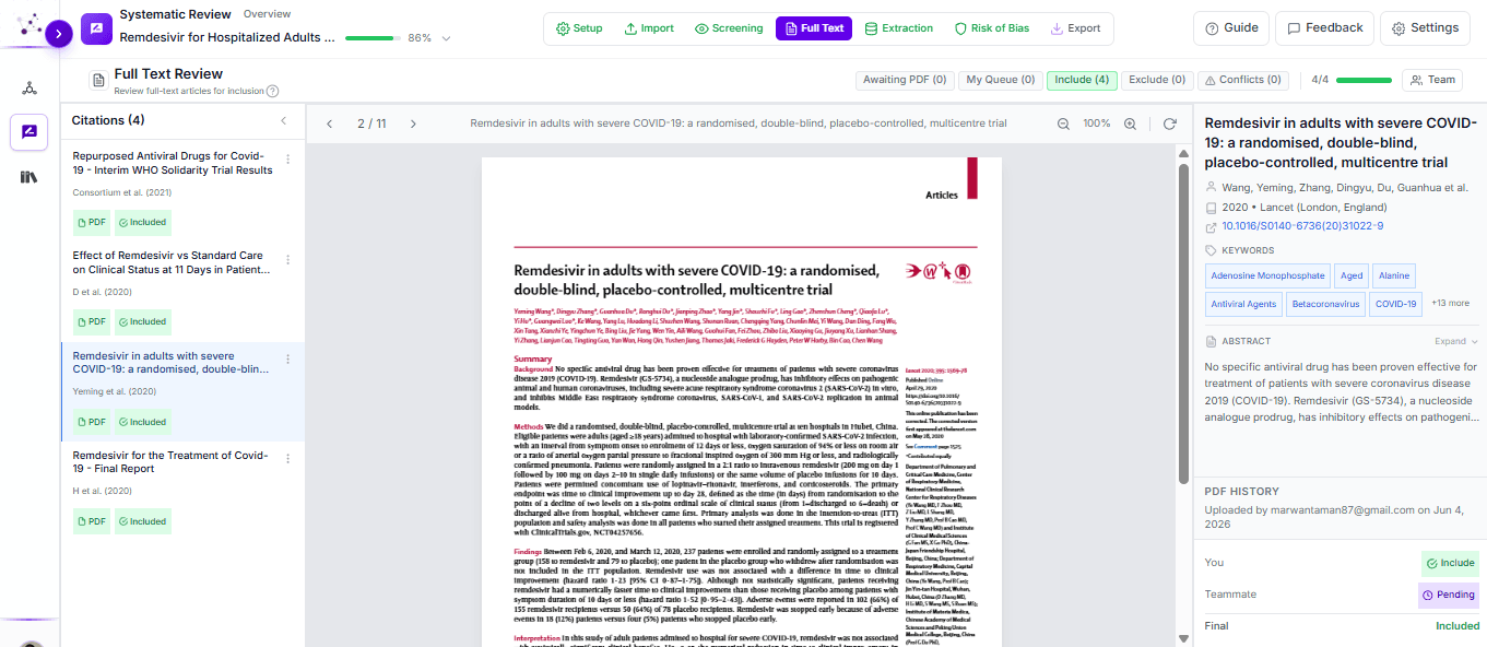 INRA SLR Copilot full-text review workspace with PDF viewer and eligibility controls