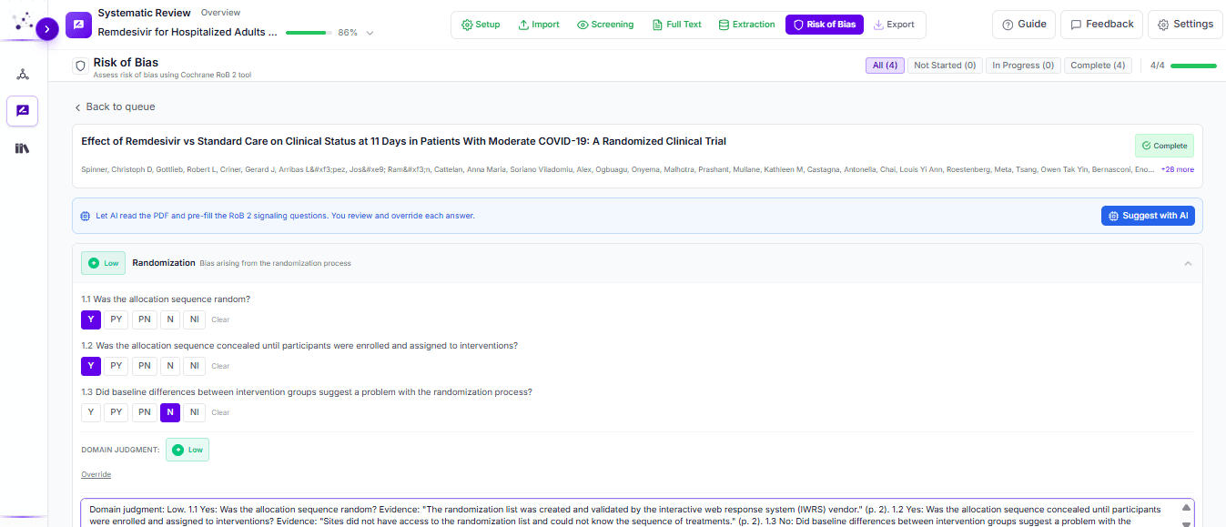 INRA SLR Copilot risk of bias assessment screen with RoB 2 signaling questions