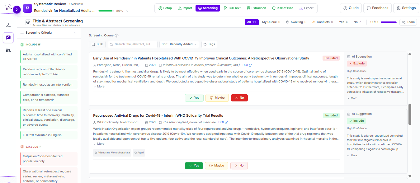 INRA SLR Copilot title and abstract screening queue with citation cards and AI suggestions