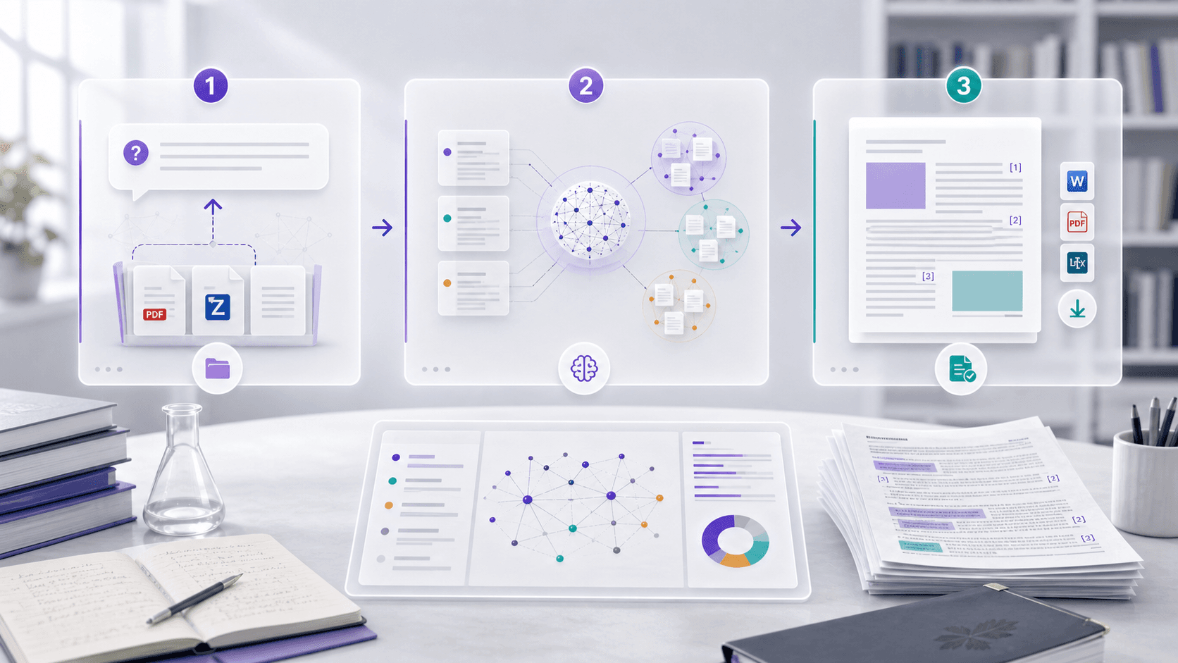 Research workflow from source retrieval to citation-backed synthesis