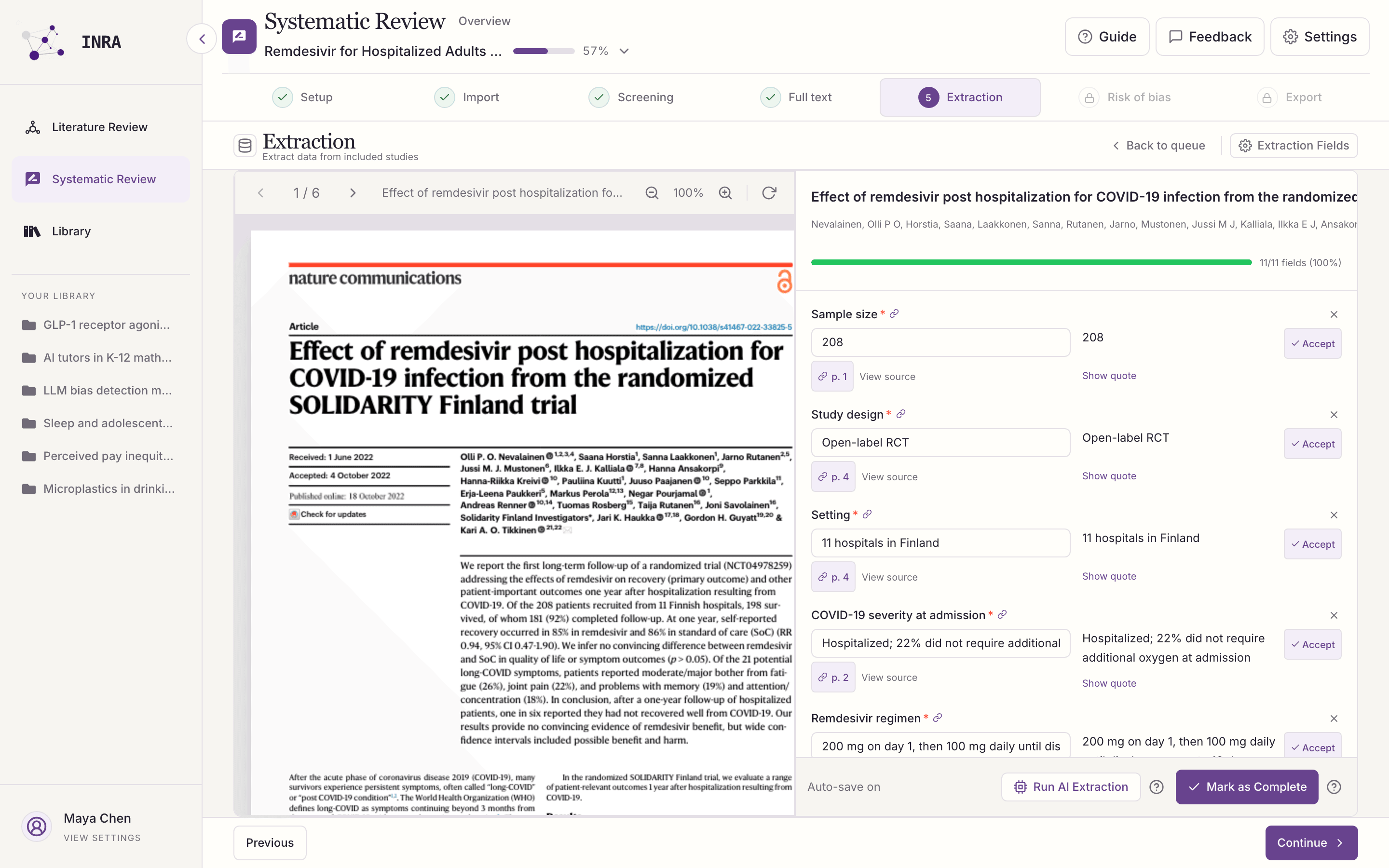 INRA SLR Copilot extraction workspace with PDF and structured extraction fields