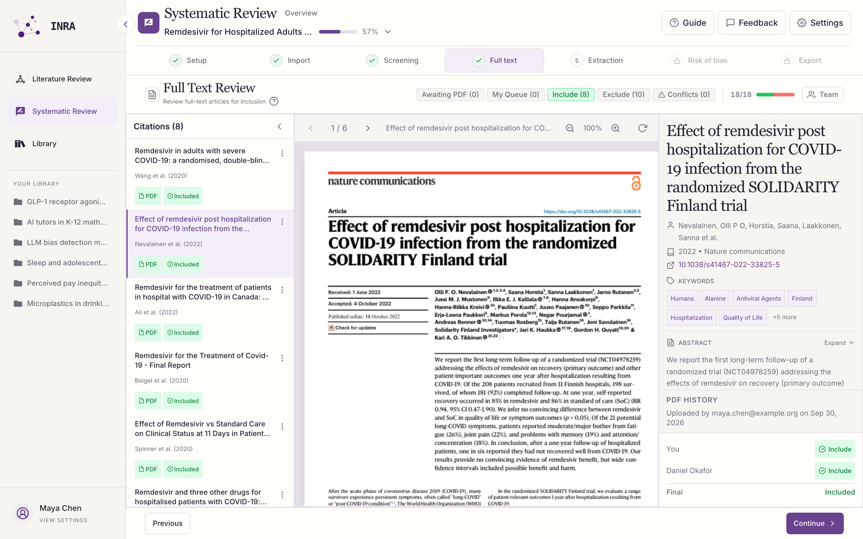 INRA SLR Copilot full-text review workspace with PDF viewer and eligibility controls