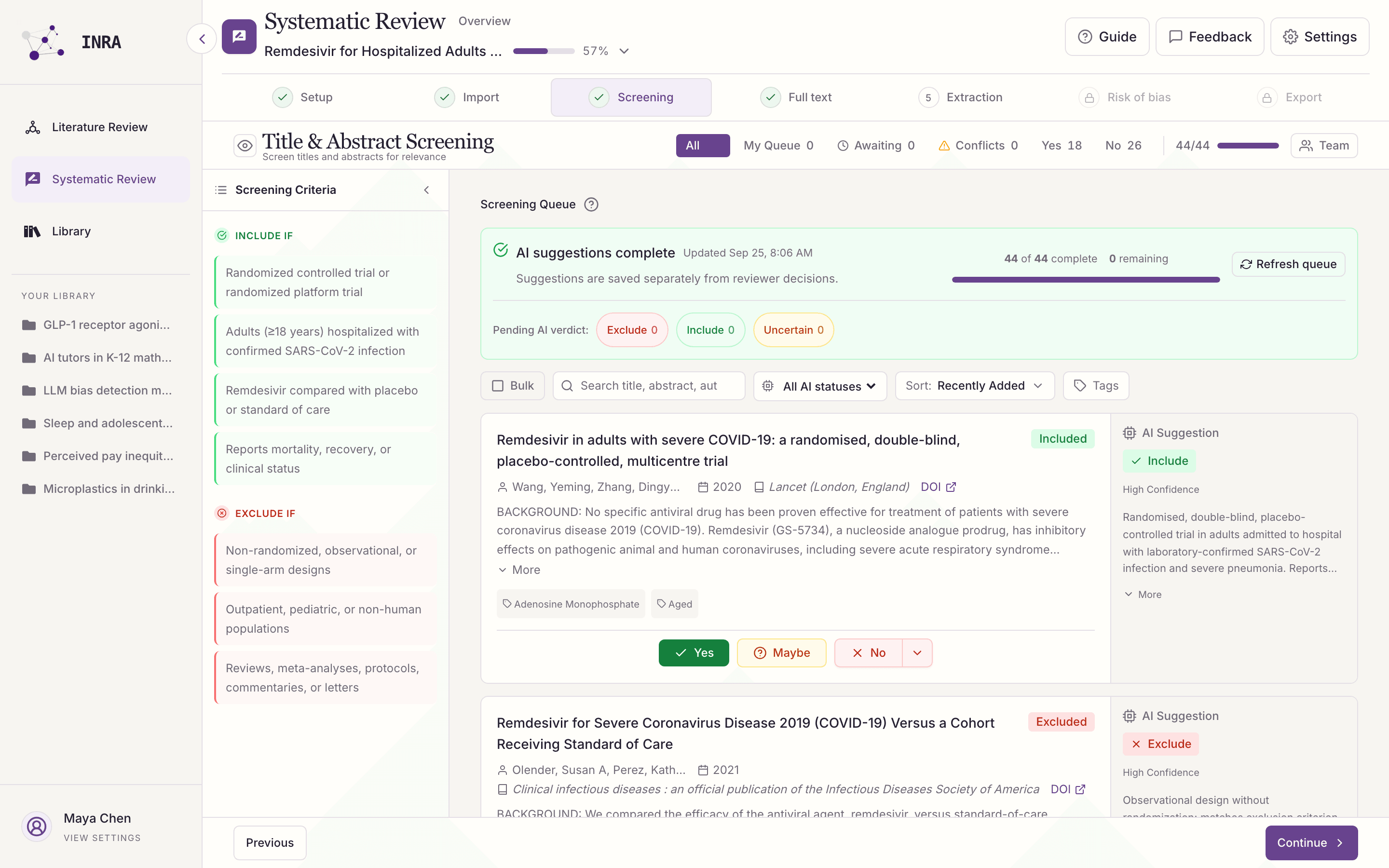 INRA SLR Copilot title and abstract screening queue with citation cards and AI suggestions