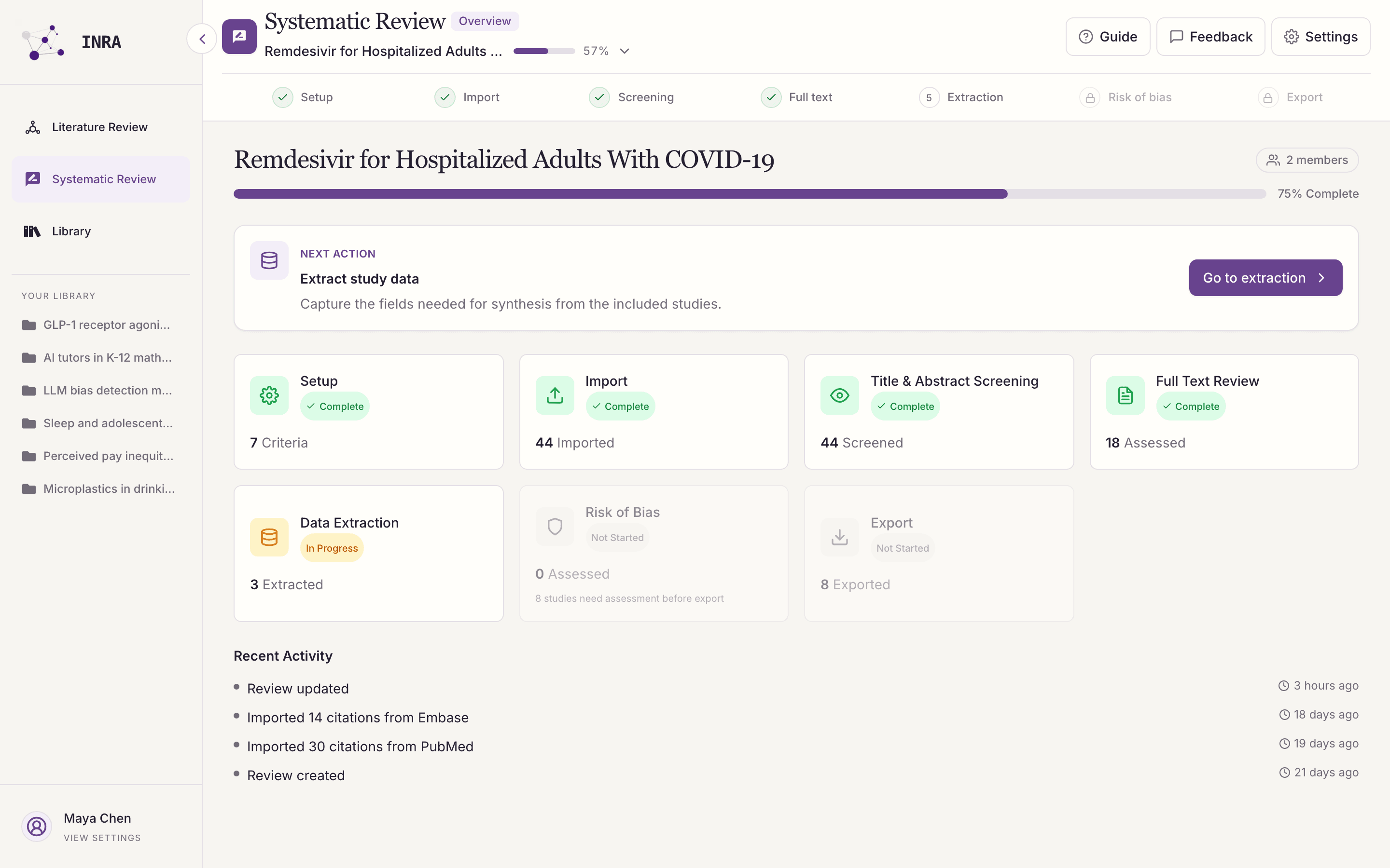 INRA Systematic Review Copilot dashboard with review phase progress