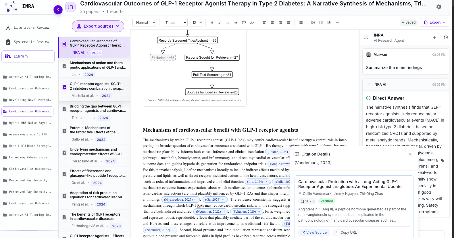 INRA narrative literature review interface with source-backed citations
